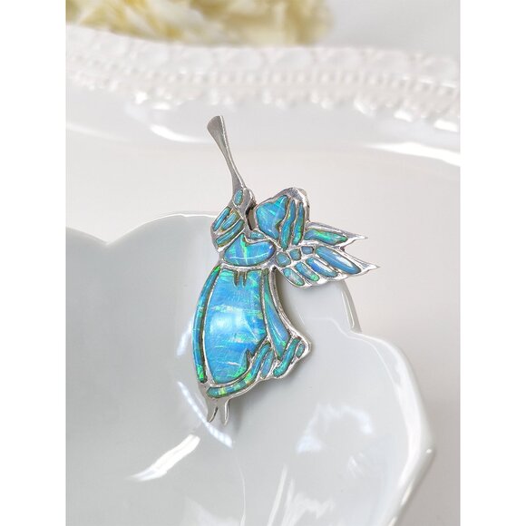 Vintage Zuni Blue Fire Opal Trumpeting Angel Pin Reynetsa Leland Sterling Brooch - Picture 5 of 11